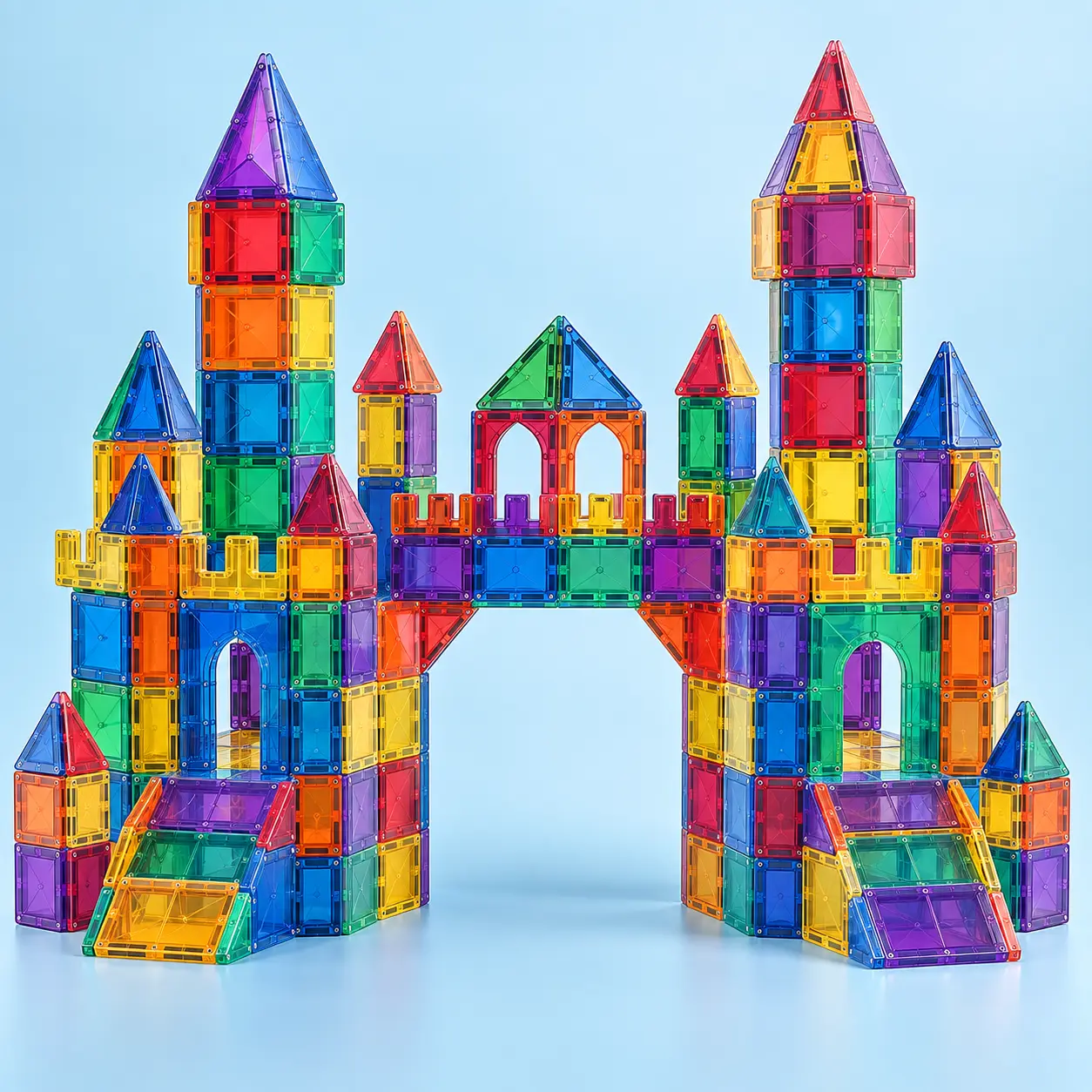 Large colourful magnetic tile castle with bridge