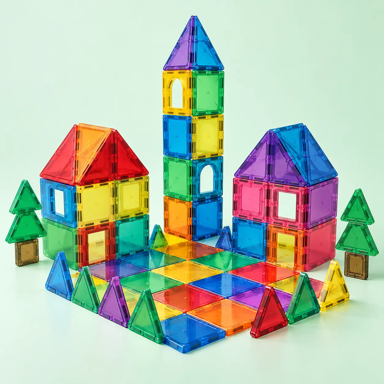 Colourful magnetic tile houses, tower and pattern floor